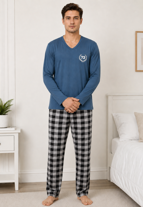 Pijama barbat Serena cu maneca lunga si pantalon lung-Albastru, Engros